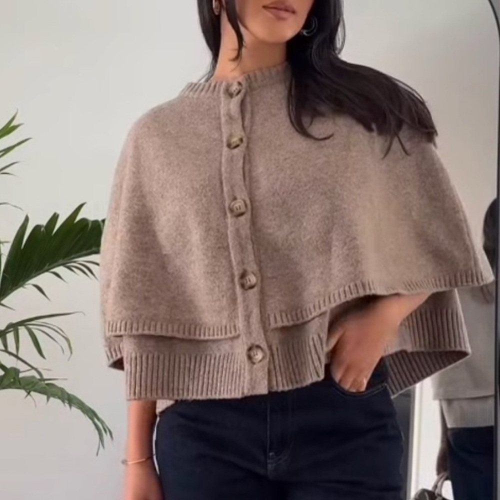 ZARA TAUPE KNIT LAYERED CAPE SWEATER PONCHO CARDIGAN COZY FALL NEUTRAL CHIC SM - Picture 4 of 8